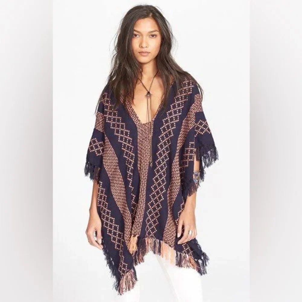 Free People Weave Pattern Fringe Poncho